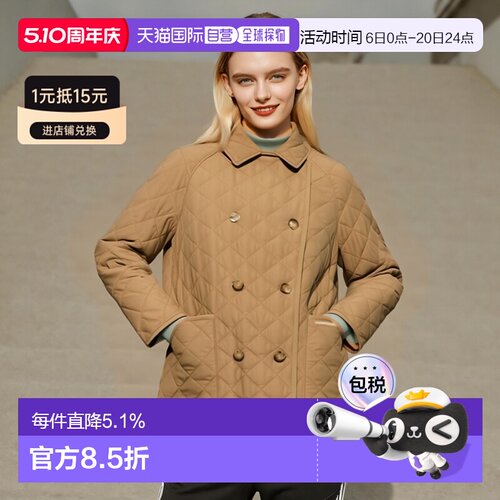 【自营】欧洲直邮BURBERRY博柏利女士棕色Logo标贴翻领双排扣棉服