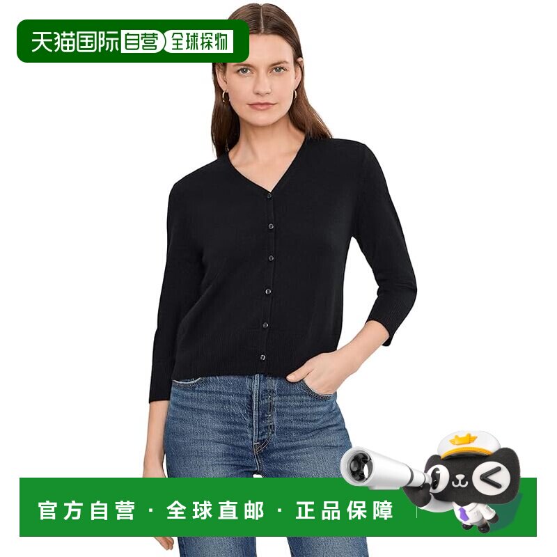 1h可退 美国直邮VINCE 女士 五分袖V领开襟毛衣 black黑色 舒适时