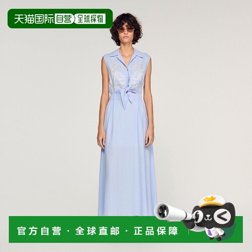 自营欧洲直邮Sandro桑德罗 女士天蓝色亚麻粘胶纤维刺绣长款连衣