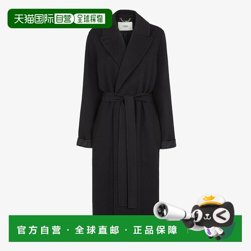 自营欧洲直邮Fendi芬迪 女士黑色羊毛大衣