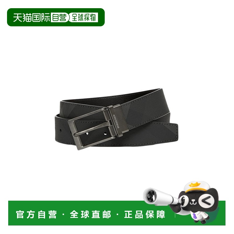自营欧洲直邮BURBERRY/博柏利 男士黑色皮革双面格纹方扣腰带3.5c