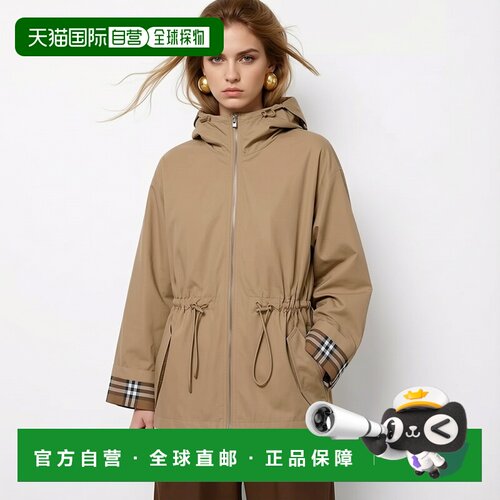 自营欧洲直邮Burberry博柏利 女士米色内衬格纹抽绳连帽夹克外套