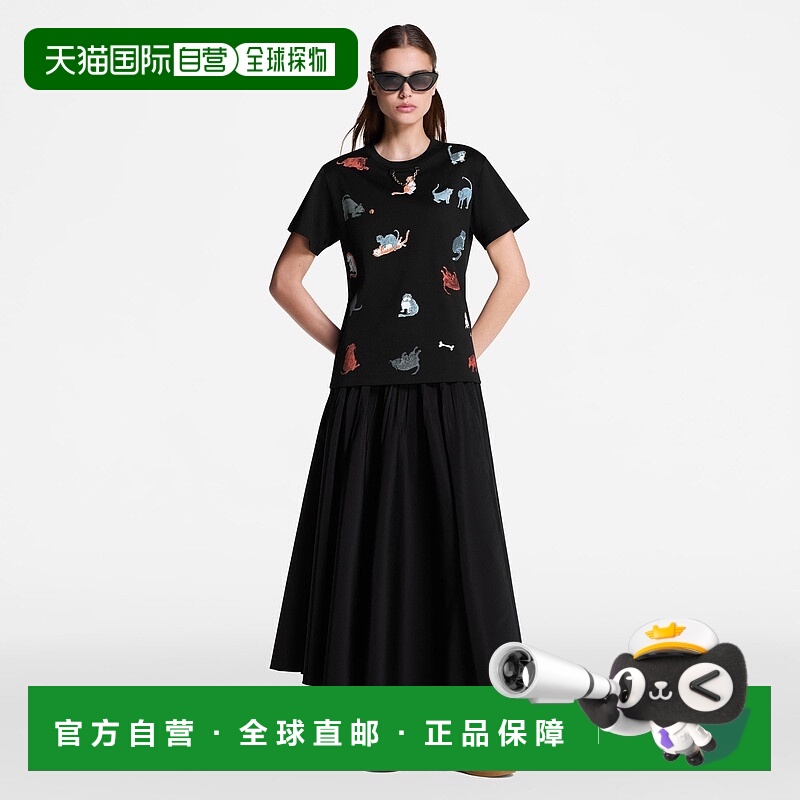 自营1h可退 欧洲直邮LV路易威登 女士黑色棉猫咪狗狗插画短袖T恤