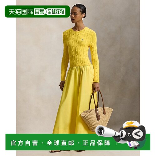 自营欧洲直邮Ralph Lauren拉夫劳伦 女士亮黄色棉质扭纹连衣裙