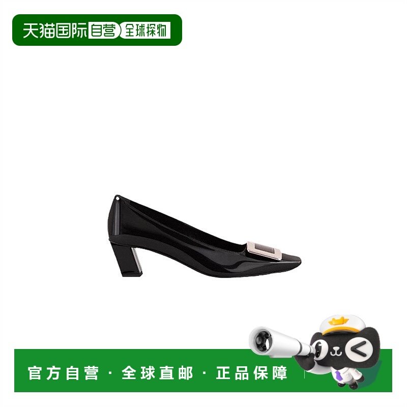 香港直邮Roger Vivier方头高跟鞋女士黑色logo银色金属扣搭粗跟