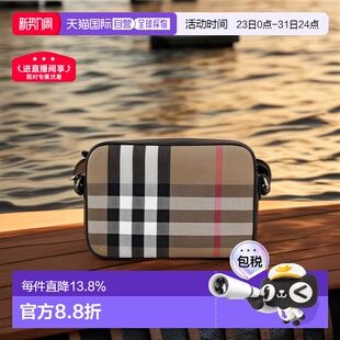 自营欧洲直邮BURBERRY博柏利女士牛皮帆布拼色相机拉链斜挎包