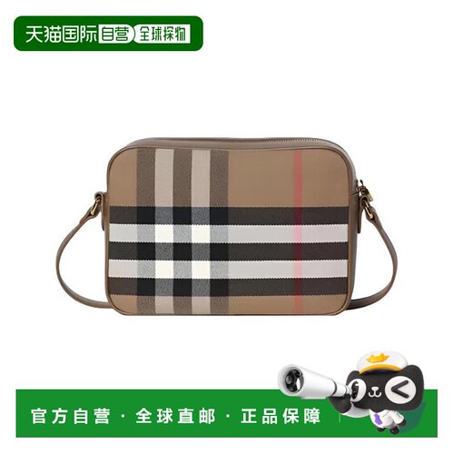 自营欧洲直邮Burberry博柏利 女士棕色棉质经典格纹拉链开合单肩