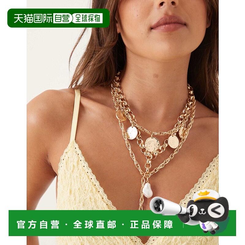 1h可退 香港直邮ASOS 女士 chain, 设计多排套索项链式粗框人造珍