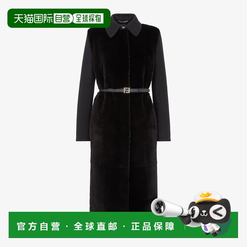 自营欧洲直邮Fendi芬迪 女士黑色羊毛皮革大衣