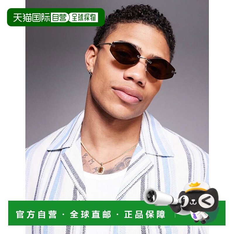 1h可退 香港直邮ASOS 男士 lenses 设计无框棕色六边形金属金色边