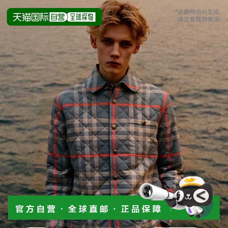 自营欧洲直邮BURBERRY博柏利男士棉质网格纹长排扣棉服时尚808418