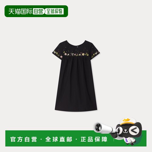 欧洲直邮Bonpoint小樱桃 Arabesque女孩黑色手工刺绣有机棉连衣裙