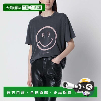 1h可退 香港直邮ANINE BING 女士 Cade 微笑印花棉质水洗灰色T恤