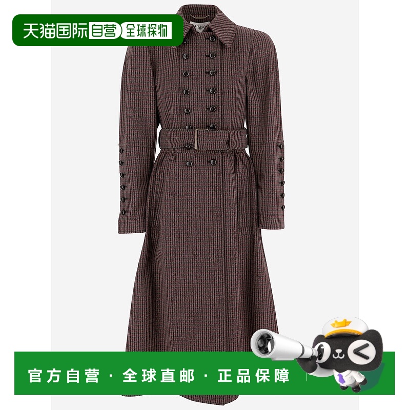 1h可退 香港直邮Chloe 蔻依 女士 双排扣束带格纹羊毛混纺大衣 CH