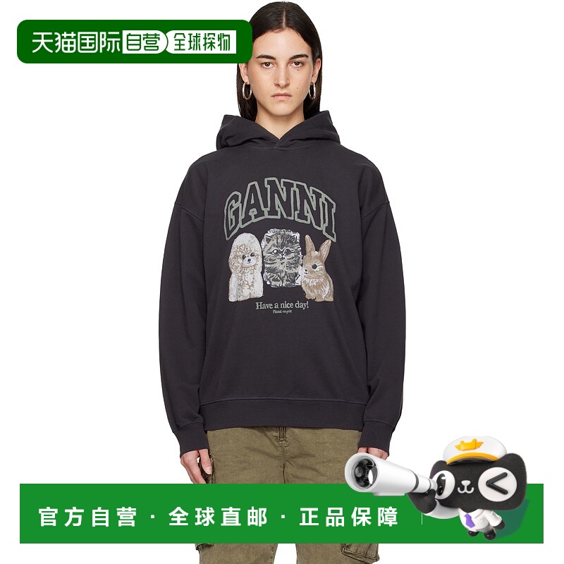 香港直邮GANNI 甘尼 女士 黑色 Animal Print 连帽衫 T4270印花