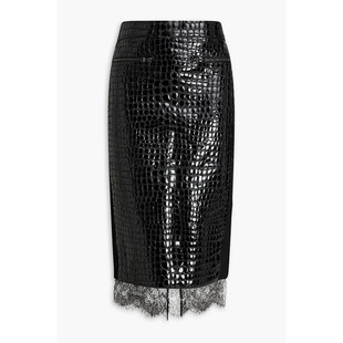 福特 香港直邮Tom Ford 汤姆 蕾丝边鳄鱼纹皮革中长铅笔半身 女士