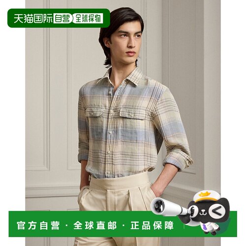自营欧洲直邮Ralph Lauren拉夫劳伦 男士亚麻蓝色格纹长袖衬衫