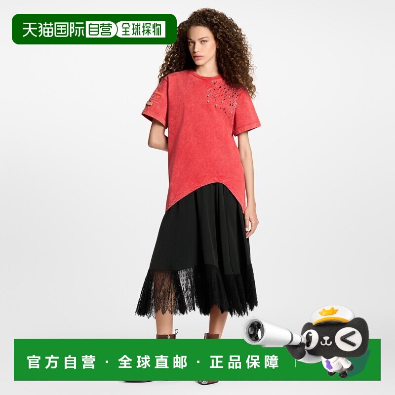 自营1h可退 欧洲直邮LV路易威登 女士亮红色棉肩部珠饰短袖T恤