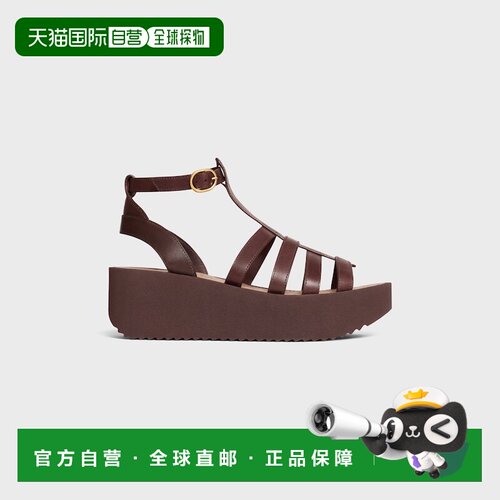 自营欧洲直邮CELINE思琳 Sunny女士深棕色皮革坡跟凉鞋