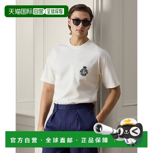 自营欧洲直邮Ralph Lauren拉夫劳伦 男士棉质米白色刺绣短袖T恤