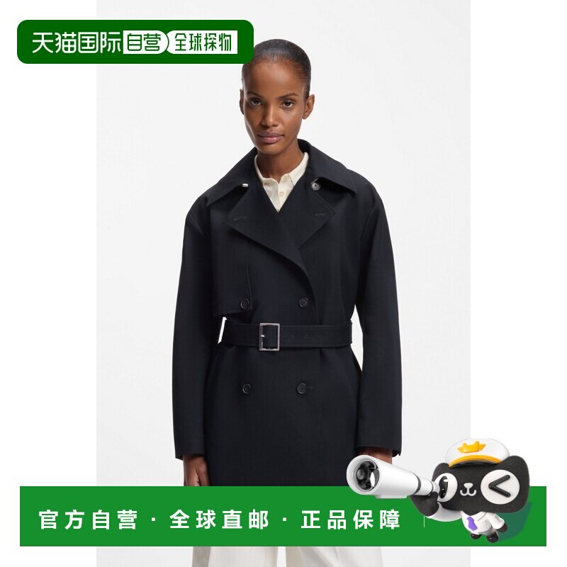 自营欧洲直邮Hugo Boss 女士深蓝色棉系腰带法式领风衣大衣