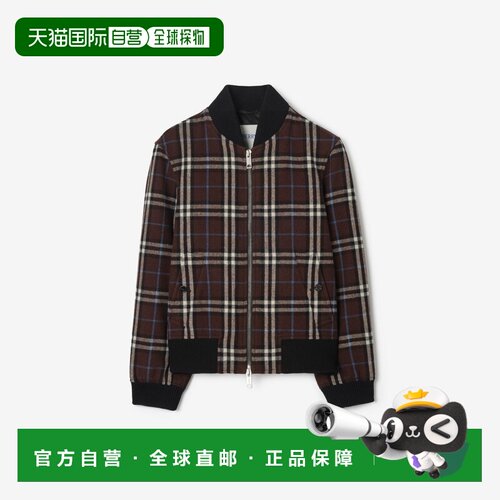 自营欧洲直邮Burberry博柏利 男士深棕色羊毛格纹飞行员夹克