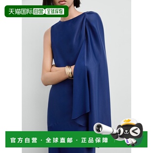 自营欧洲直邮Mango芒果 女士海军蓝不对称缎面连衣裙