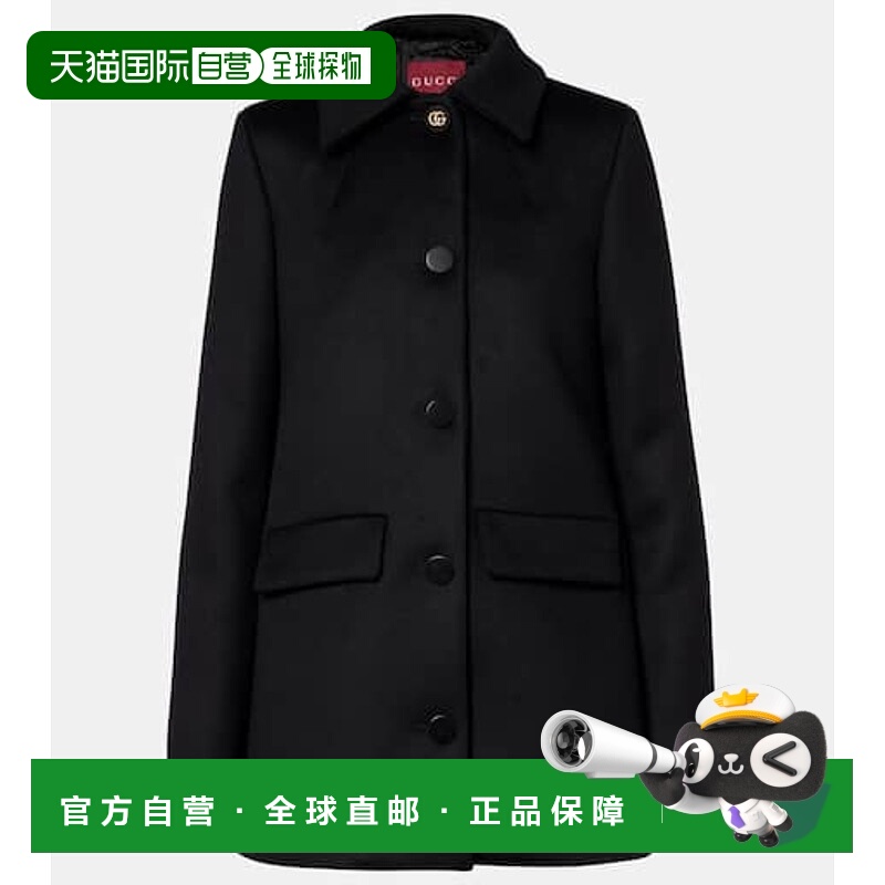 1h可退 香港直邮Gucci 古驰 女士 双G羊毛双排扣大衣 black黑色
