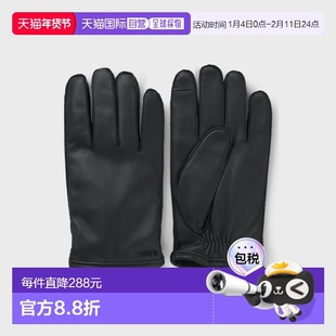 自营欧洲直邮Hugo Boss 男士黑色羔羊皮logo标识手套