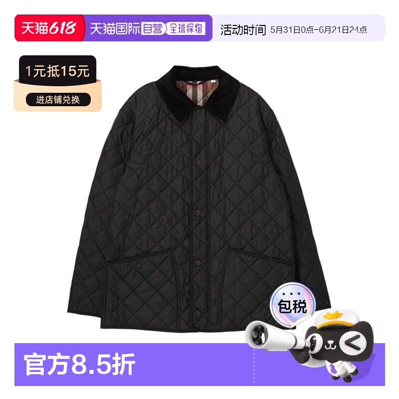 自营欧洲直邮Burberry/博柏利 男士黑色聚酯纤维徽标贴片翻领棉服