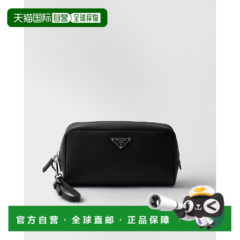 自营欧洲直邮Prada普拉达 Saffiano男士黑色小牛皮金属三角徽标拉