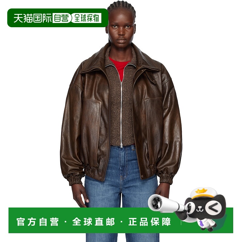 香港直邮Tom Ford 汤姆 福特 女士 棕色 Snap-Collar 皮革飞行员