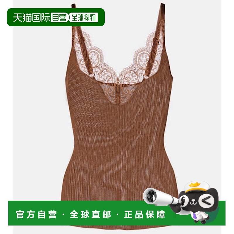 香港直邮Saint Laurent 圣罗兰 女士 蕾丝边罗纹针织真丝背心上衣