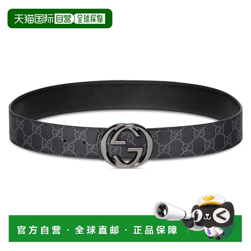 自营欧洲直邮GUCCI古驰 男士黑色GG Supreme帆布皮革GG带扣双面腰