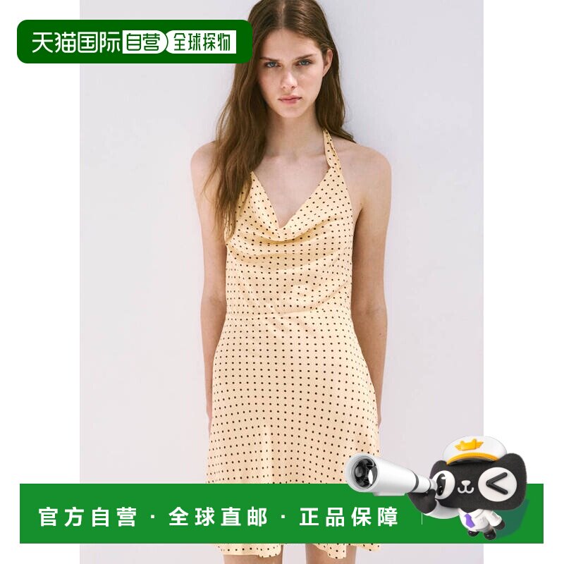 自营欧洲直邮MANGO 女士淡黄色粘胶纤维波点垂坠领露背短款连衣裙图片