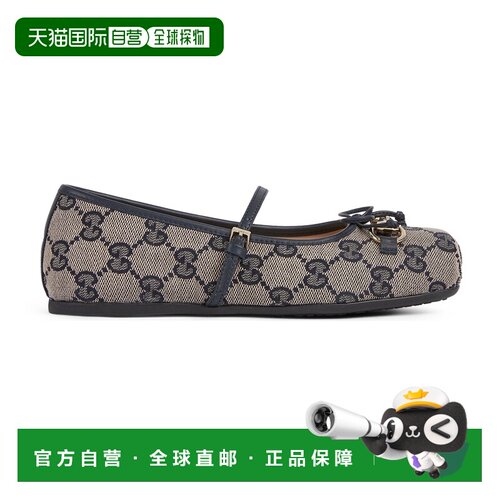 欧洲直邮GUCCI古驰 儿童GG帆布米色蓝色马衔扣芭蕾舞鞋