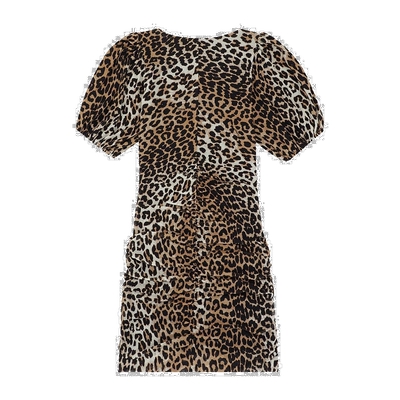 1h可退 香港直邮Ganni 褶饰豹纹迷你连衣裙 T3252小众时尚显瘦百