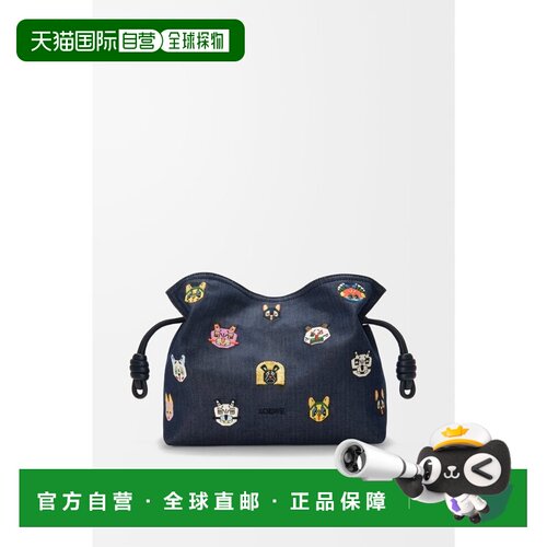 自营欧洲直邮LOEWE罗意威 Flamenco女士蓝色猫咪刺绣牛仔布手拿包