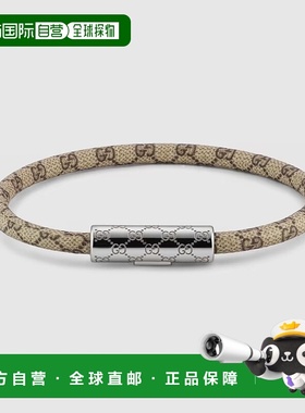 自营欧洲直邮Gucci/古驰 米色/深棕色帆布双G银色管状造型按扣开