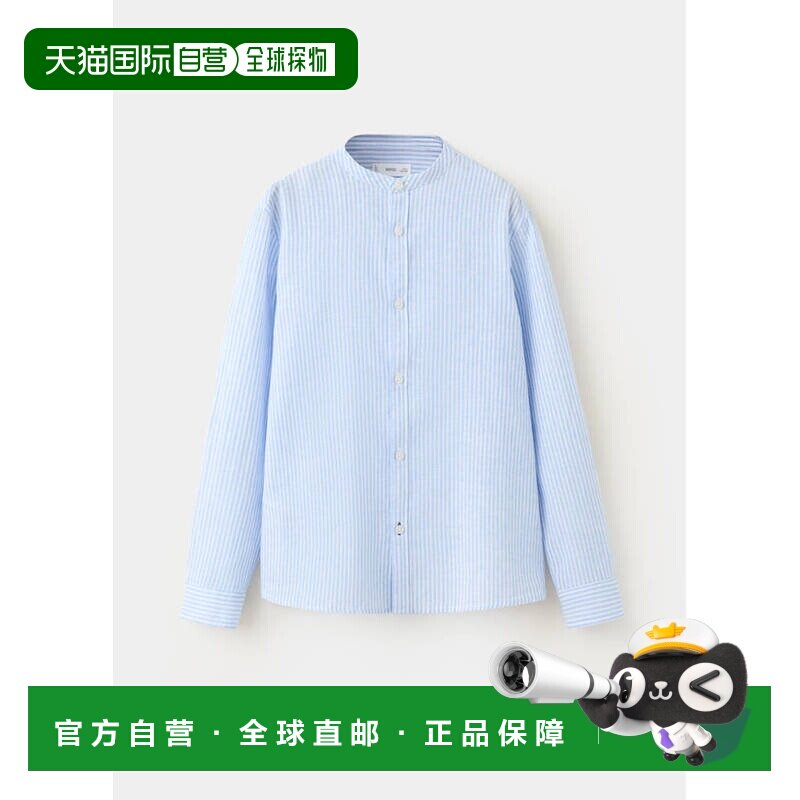 欧洲直邮MANGO 男孩蓝色亚麻棉质条纹圆领长袖衬衫