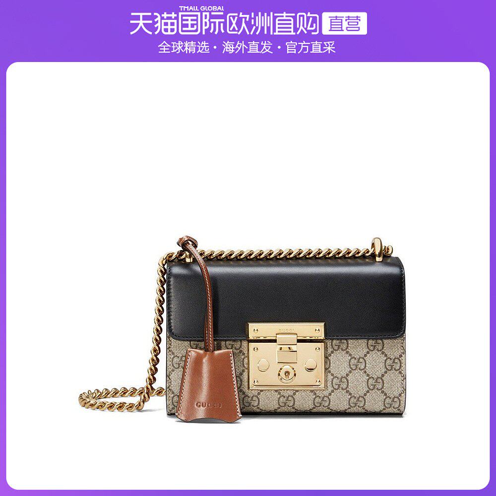 自营gucci/古驰 小号padlock黑金帆布牛皮金属锁扣链条单肩包