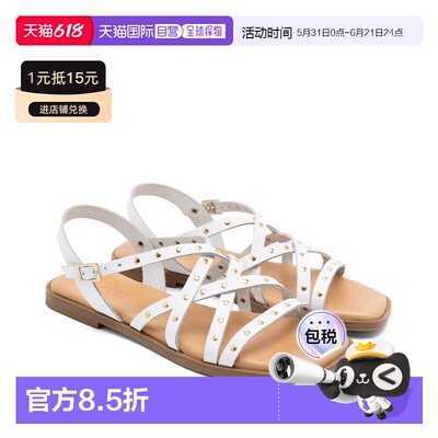 欧洲直邮PORRONET西班牙手工真皮铆钉绑带平底凉鞋BLAIR白色女轻