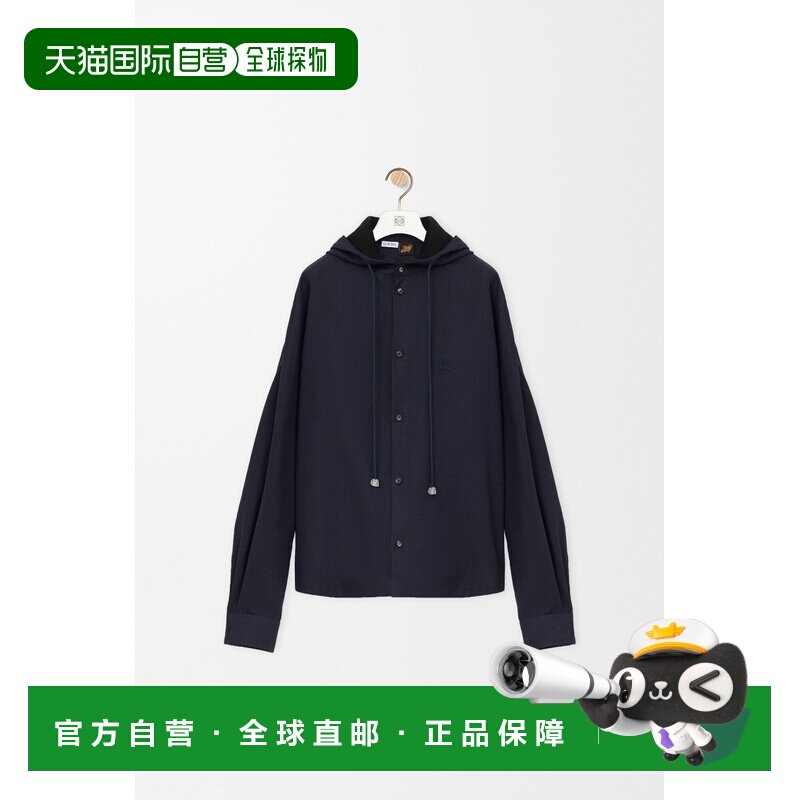 自营欧洲直邮Loewe罗意威 男士海军蓝/黑色棉麻混纺连帽衬衫短袖