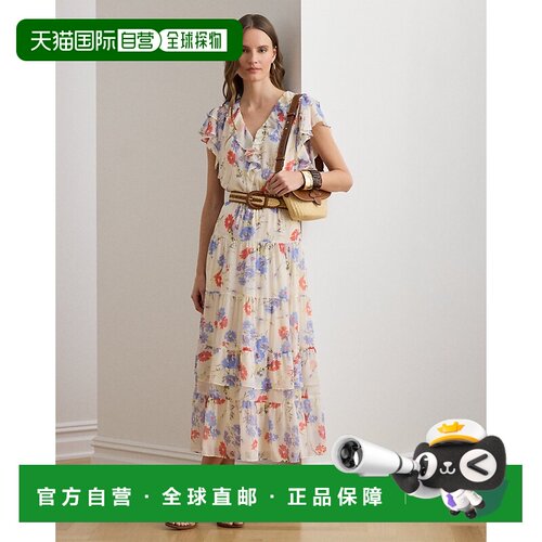 自营欧洲直邮Ralph Lauren拉夫劳伦 女士奶油色印花乔其纱腰带连