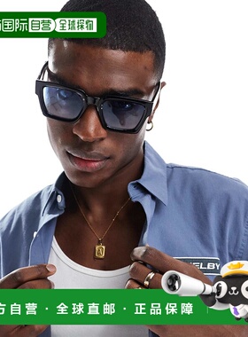 1h可退 香港直邮ASOS 男士 bevel frame 设计蓝色镜片方框太阳眼(