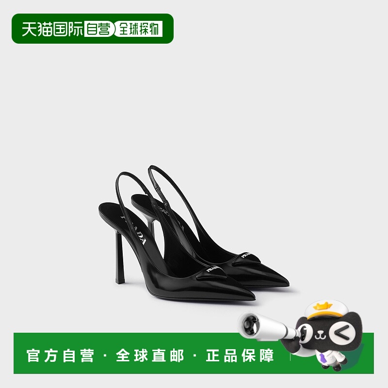 自营欧洲直邮Prada普拉达 女士黑色小牛皮三角标识尖头高跟鞋凉鞋
