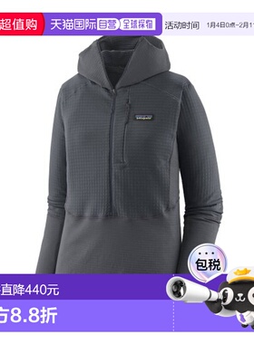 自营欧洲直邮PATAGONIA R1女士灰蓝色再生聚酯连帽抓绒衣