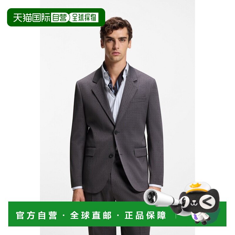 自营欧洲直邮Hugo Boss 男士灰色羊毛细格纹图案西装外套