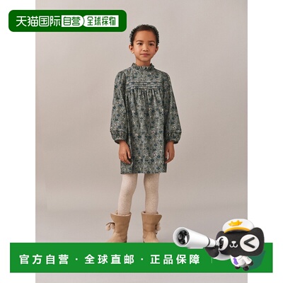 欧洲直邮Bonpoint小樱桃 Topaz女童绿色天鹅绒印花褶皱连衣裙