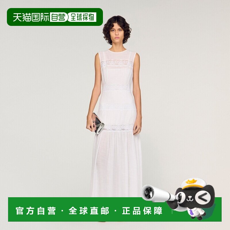 自营欧洲直邮Sandro桑德罗 女士白色粘胶纤维绉绸长款连衣裙长裙图片